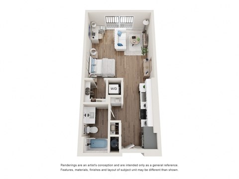 Floor plan for 1 bed, 1 bath, 569 sqft